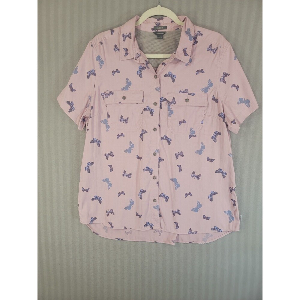 eddie bauer womens fishing camp shirt size XL classic fit pink butterfly print